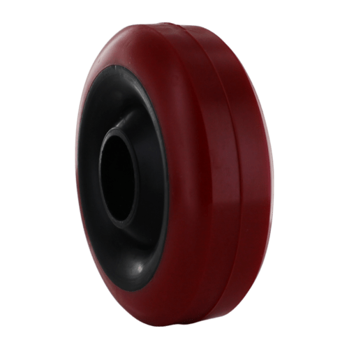 4-21M-RB - Isometric view of a 4-inch red polyurethane wheel with a non-marking tread.