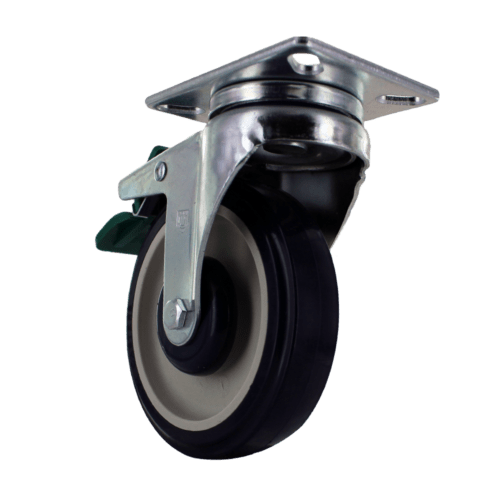 Angled view of swivel caster with green brake