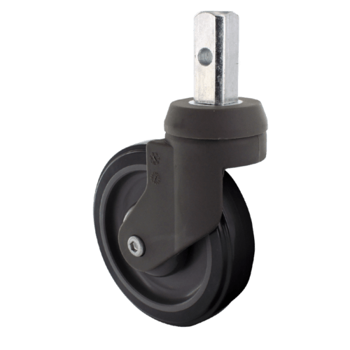 Light/Medium Duty Swivel with Precision Bearings Caster with Plastic Yoke, 1/2″ Open Hole Mount, 5″ X 1 1/4″ TPU A98 Crown Tread on Polypropylene Gray on Gray Wheel, 5/16″ Quad X Precision Bearings. and 5/16″ Dacromet Axle and Nut.