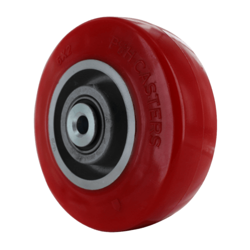 Image of W85062PUCR, a 6-inch by 2-inch red on silver, heavy-duty wheel with die cast polyurethane on an aluminum core, featuring dual precision bearings.