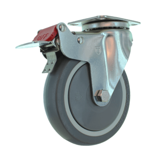 A high-quality industrial swivel caster with a stainless steel yoke, 125mm x 32mm TPE wheel, and gray thread guard. T26P1DB6G3JY8
