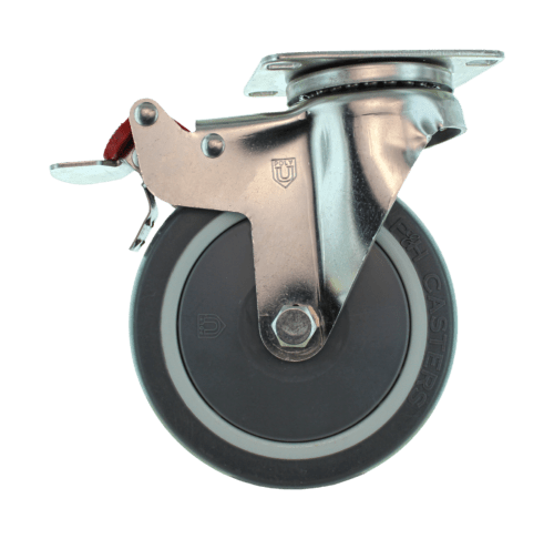 A high-quality industrial swivel caster with a stainless steel yoke, 125mm x 32mm TPE wheel, and gray thread guard. T26P1DB6G3JY8