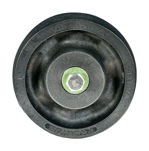4-inch Black Heateater wheel with crown tread and Quad X bearings designed for high-temperature applications up to 550 degrees, suitable for light to medium-duty use."