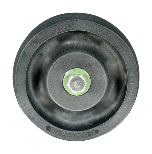 4-inch by 1 3/8-inch black Heateater wheel with crown tread and quad X bearings for high-temperature usage.