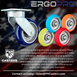 Vibrant ErgoPro caster wheels by P&H Casters set against an American flag backdrop, showcasing custom color options for enhanced ergonomics and aesthetics.