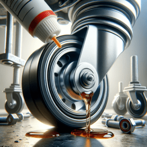 Precision lubrication of an industrial caster wheel with high-quality grease in a professional workshop setting