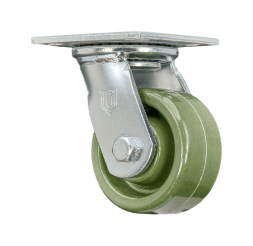 Z40P3421NPKF Medium/Heavy Duty Caster with a 4-inch green high-temp epoxy resin wheel, zinc-plated steel yoke, and 4x4.5 inch plate mount, designed for durability and smooth operation in high-temperature environments.