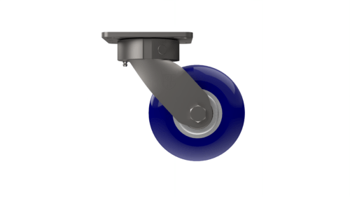 X50P35280ULXR medium/heavy-duty caster with a 5” x 2” Ergonomic TPU on aluminum wheel, zinc-plated steel with lacquer dip yoke, and 4" x 4 1/2" inch plate mount with extended offset.