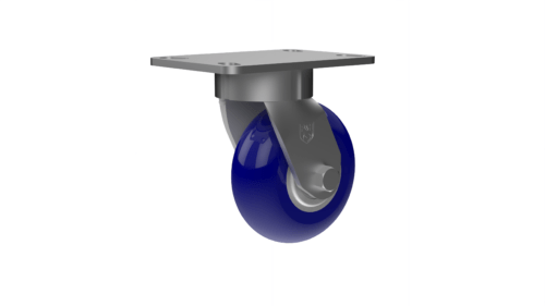 X50P75280ULRG medium/heavy-duty caster with a 5” x 2” Ergonomic TPU on aluminum wheel, zinc-plated steel with lacquer dip yoke, and 4 ½ x 6 1/4 inch plate mount.