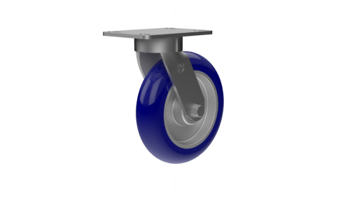 X50P78280ULRG medium/heavy-duty caster with a 8” x 2” Ergonomic TPU on aluminum wheel, zinc-plated steel with lacquer dip yoke, and 4 ½ x 6 1/4 inch plate mount.