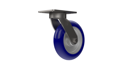 X50P78280ULXR medium/heavy-duty caster with a 8” x 2” Ergonomic TPU on aluminum wheel, zinc-plated steel with lacquer dip yoke, and 4 1/2" x 6 1/4" inch plate mount with extended offset.