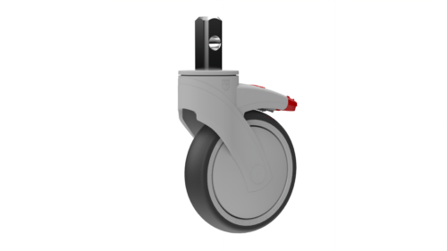 Product image of the P25S5DB6G3XR caster, showcasing 5” TPR with .845” square stem mount with total lock brake.