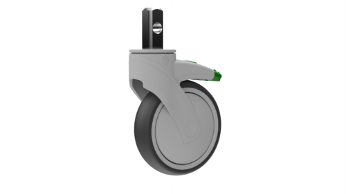 Product image of the P25S5DB6G3XR caster, showcasing 5” TPR with .845” square stem mount with directional lock brake.