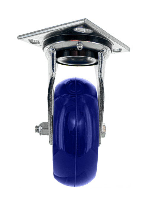 Medium/heavy-duty Z40P36280ULRG caster featuring a zinc-plated steel yoke with lacquer dip finish, 6" x 2" blue polyurethane wheel on an aluminum core, mounted on a 4" x 4 1/2" plate with a dual precision bearing and a 1/2" axle secured by a nylon nut.