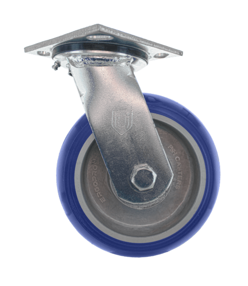 Medium/heavy-duty Z40P36280ULRG caster featuring a zinc-plated steel yoke with lacquer dip finish, 6" x 2" blue polyurethane wheel on an aluminum core, mounted on a 4" x 4 1/2" plate with a dual precision bearing and a 1/2" axle secured by a nylon nut.
