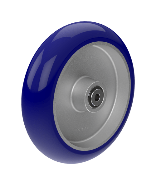 Heavy-duty caster with blue polyurethane wheel and swivel top plate.