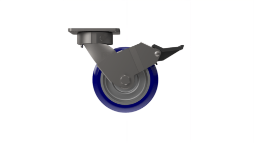 X50P36280ULXS medium/heavy-duty caster with a 6” x 2” Ergonomic TPU on aluminum wheel, zinc-plated steel with lacquer dip yoke, top brake and 4" x 4 1/2" inch plate mount with extended offset.