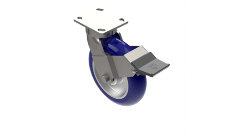 X50P38280UL1Z medium/heavy-duty caster with a 8-inch Ergonomic TPU on aluminum wheel, zinc-plated steel with lacquer dip yoke, and 4x4.5 inch plate mount.