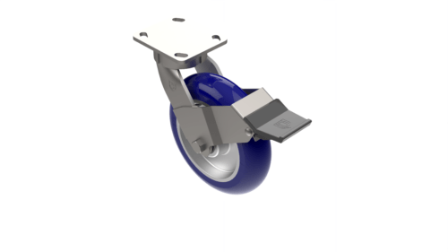 X50P38280ULXS medium/heavy-duty caster with a 8” x 2” Ergonomic TPU on aluminum wheel, zinc-plated steel with lacquer dip yoke, top brake and 4" x 4 1/2" inch plate mount with extended offset.