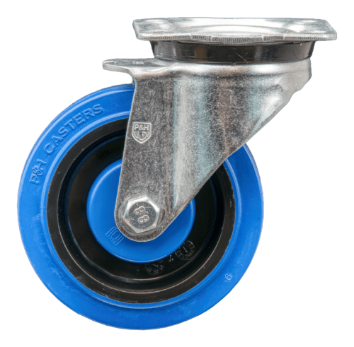 Industrial blue and black caster wheel, model X84M4HD1200 from P&H Casters, with premium zinc-plated finish and precision bearings.