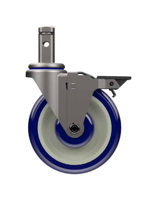 Z20F454CLDET - Blue-on-tan polyurethane 5.5-inch caster with zinc-plated finish and friction stem for versatile use.