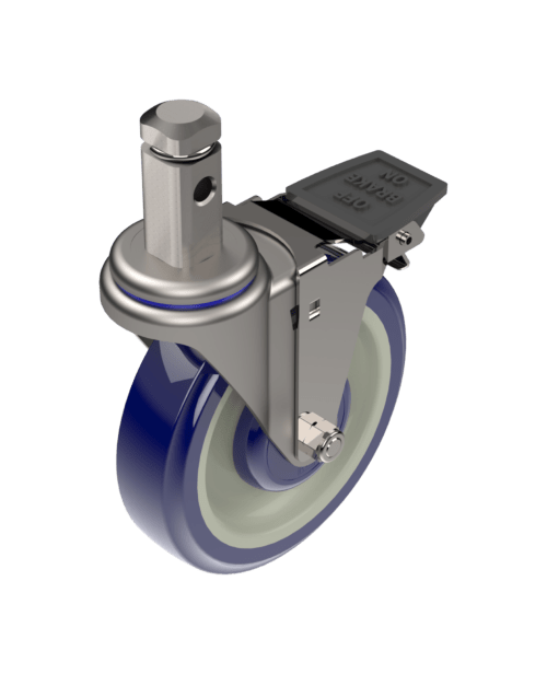 Z20F454CLDET - Blue-on-tan polyurethane 5.5-inch caster with zinc-plated finish and friction stem for versatile use.