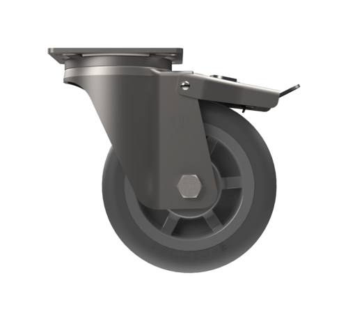 Swivel caster with total lock brake, 6-inch gray wheel, and zinc-plated steel body for industrial use.