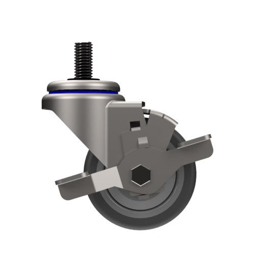 Z20AE34NEDEB - Side view of 3-inch zinc-plated steel swivel caster with side brake and dual precision bearing