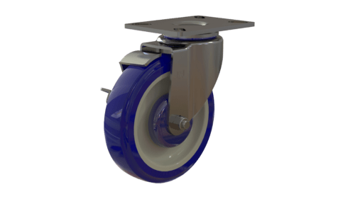 T20P254CL7TB - Front view of a light/medium duty caster with a stainless steel yoke and polyurethane wheel.