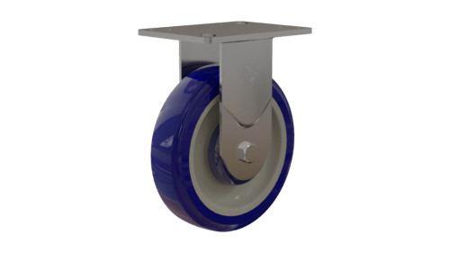 Front view of T22P254CL7T rigid light/medium duty caster with 5" blue polyurethane wheel and stainless steel yoke.
