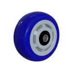 Front view of WC4052LPA 5-inch blue polyurethane wheel with stainless steel Quad X bearings.