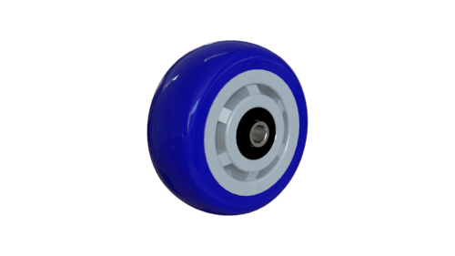 Front view of WC4052LPA 5-inch blue polyurethane wheel with stainless steel Quad X bearings.