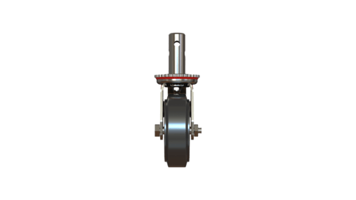 Rear perspective of a swivel scaffolding caster with rubber-on-steel wheel and roller bearing.