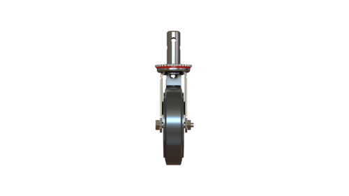 Rear view of Z48RF82MBNLFT scaffolding caster with total lock brake and zinc-plated steel yoke.