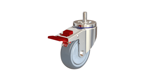Front-on render of the C26ASCB6G3UL caster with brake engaged, showing wheel face, brake pedal, and bracket.