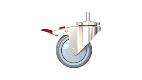 Side-on render of the C26ASCB6G3UL caster with brake, showing wheel profile, bracket contour, stem, and brake lever.