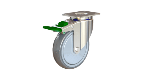 Swivel caster with green brake, M7 rig, and 6-inch polyurethane wheel – P&H Casters C26M7DB6G3UR