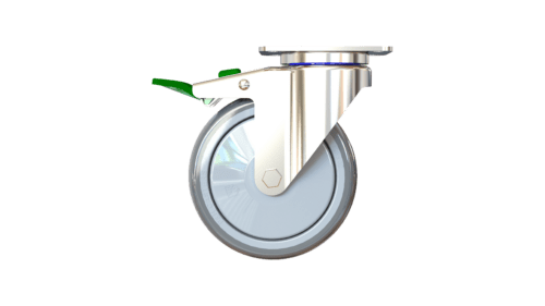 Side profile of caster with green brake and M7 rig – P&H Casters C26M7DB6G3UR