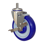 Front view of Z20A054CLDEB caster with side brake and blue polyurethane wheel