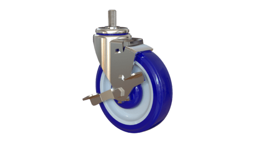 Front view of Z20A054CLDEB caster with side brake and blue polyurethane wheel
